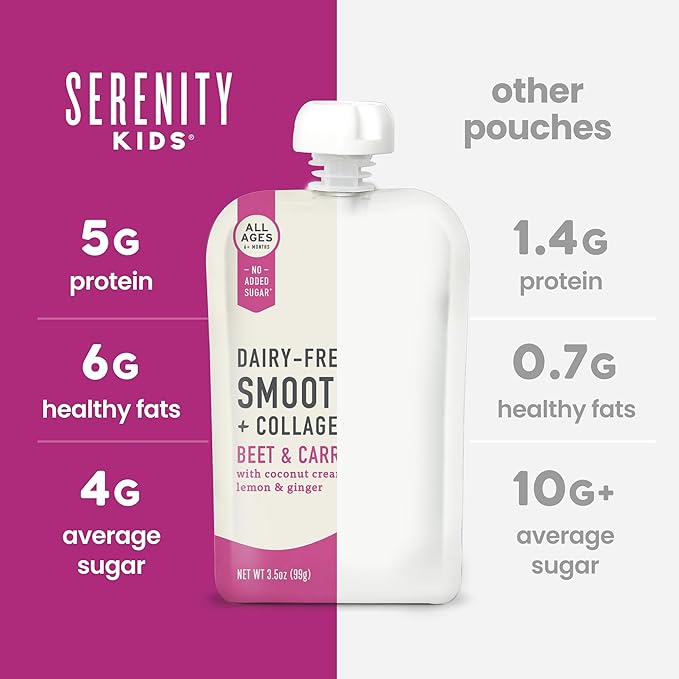 Serenity Kids 6+ Months Dairy-Free Smoothie Baby Food Pouch - USDA Organic - Grass Fed Collagen Protein - 3.5 Ounce BPA-Free Pouch - Beet & Carrot - 6 Count