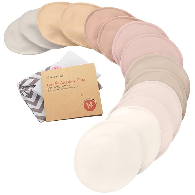 Organic Nursing Pads - 14 Washable Viscose Derived from Bamboo Breastfeeding Pads, Wash Bag, Reusable Breast Pads for Breastfeeding, Nipple Pads for Breastfeeding Essentials (Neutrals, XL 5.5")