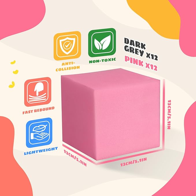 Foam Pit Cubes, 24 PCS 5 Inches Gymnastics Foam Blocks Trampoline Blocks, Multi-Sport Protective Padding for Gymnastics, Trampoline, Parkour, Skate Parks & BMX - Dark Grey & Pink