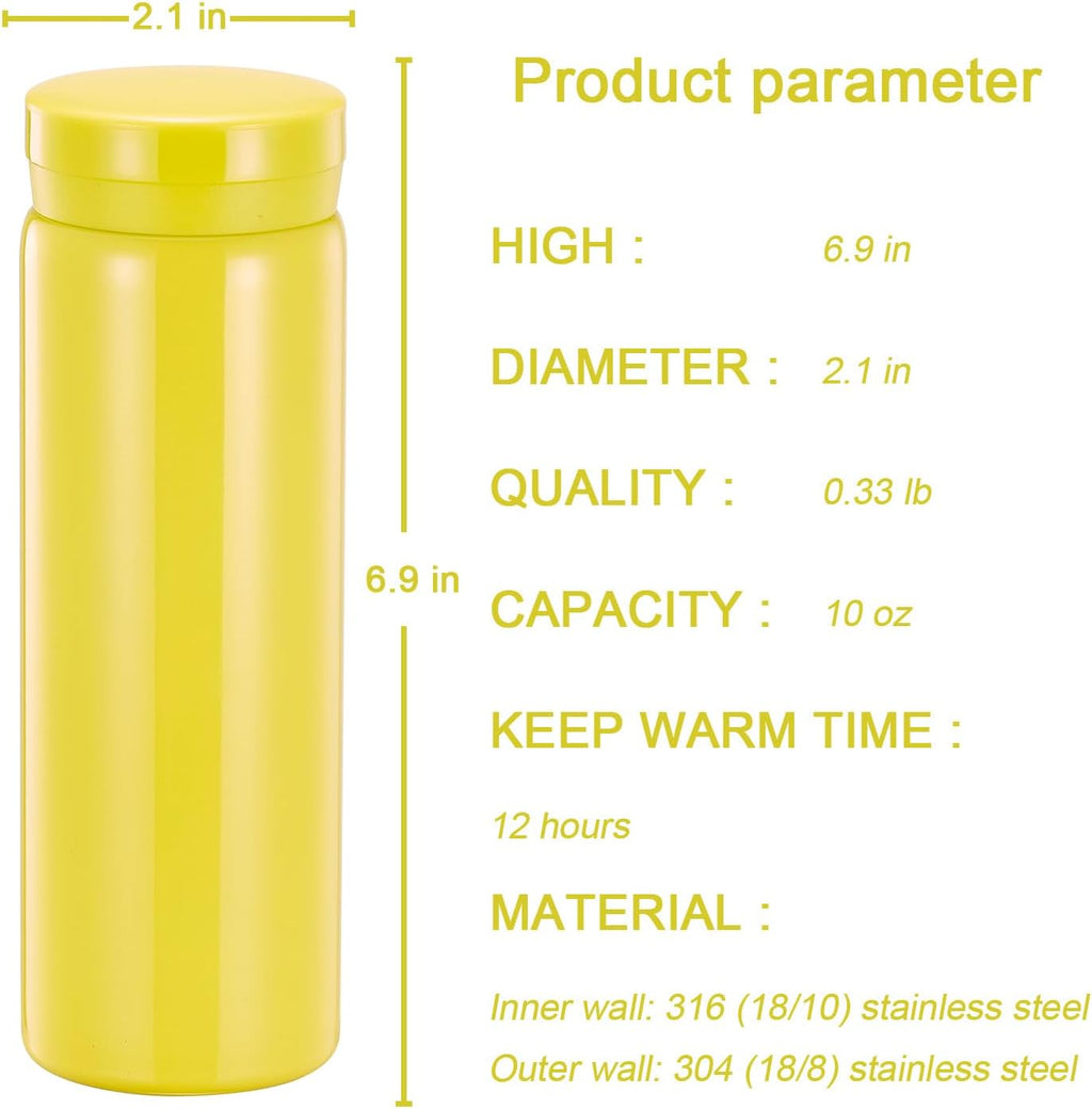 10oz Mini Water Bottle Stainless Steel Thermos Small Flask - Insulated Vacuum, Leak Proof, Keeps Drinks Hot/Cold - Ideal for Coffee, Tea, Water - Yellow