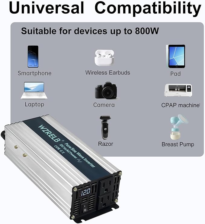 WZRELB 800W Pure Sine Wave Inverter 48V DC to 110V 120V AC Power Converter with LED Display, Off-Grid Portable Power Inverter with 2 AC Outlets for Home, RV, Truck, Camping