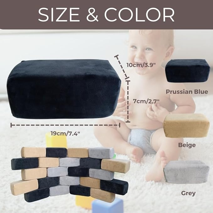 Wonder Space Plush Foam Blocks - Nursery Building & Stacking Toys for Toddlers Boys & Girls, Soft Smooth Velvet Cover, Early Education Gross Motor Skills & Brain Development (24 Bricks, Castle Rock)