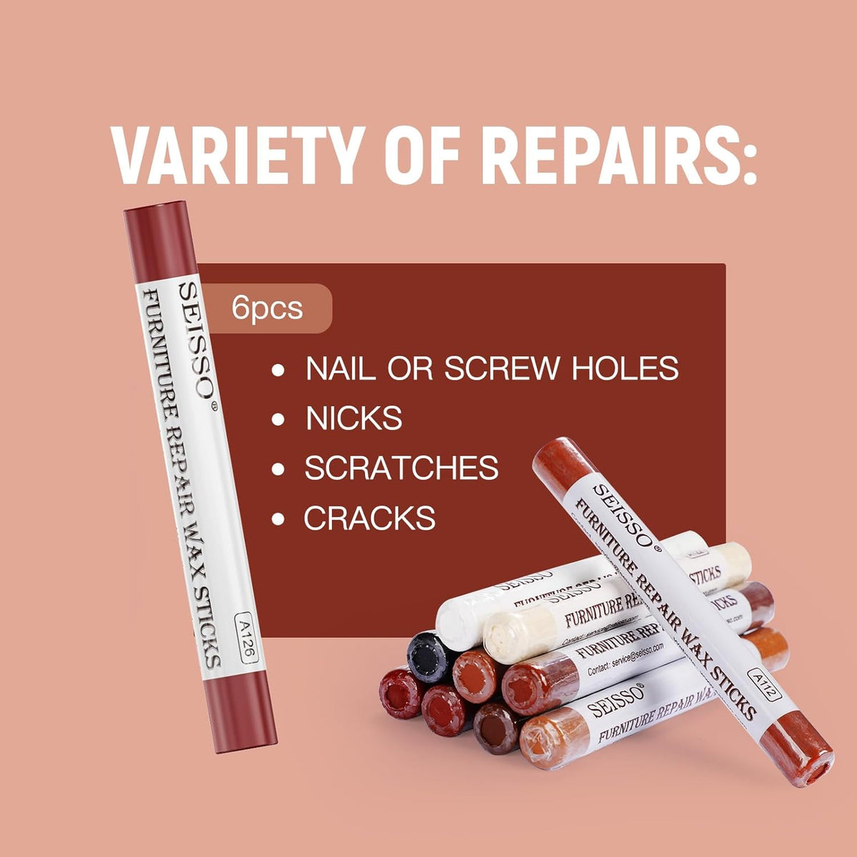 SEISSO Furniture Repair Crayon, 6 Pcs - Wood Filler Sticks, Scratch Repair Wax, Furniture Marking Repair - Scratch, Hole, Table, Wood Floor, Guitar, Covering, Instrument Fill Sticks -Red Cherry