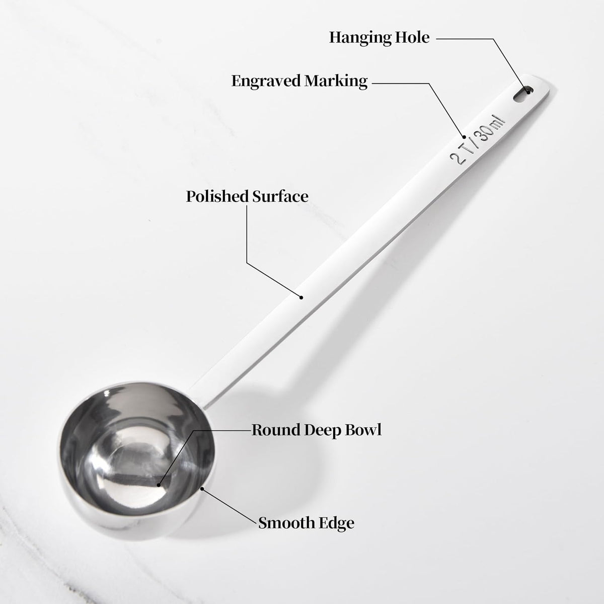 Long Handle Coffee Scoop: 8.6 Inch 18/8 Stainless Steel 2 Tablespoon Metal Measuring Spoon Tbsp Scoop for Coffee Beans, Grounds Coffee, Coffee Powder, Tea, Tall Jars (2Tbsp/30ml)