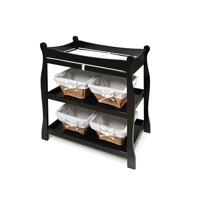 Badger Basket Sleigh Style Baby Changing Table - Nursery Diaper Station with Safety Rails, Foam Pad, and Two Storage Shelves - Nursery Organizer - Black