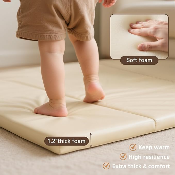 Foam Baby Play Mat: PU Leather Waterproof Kids Playmat - Trifold Floor Mat - Large Play Mat for Playpen Thick Pad Fodable Mattress Soft Toddler Mattress Infant Cushion for Preschool (Beige)