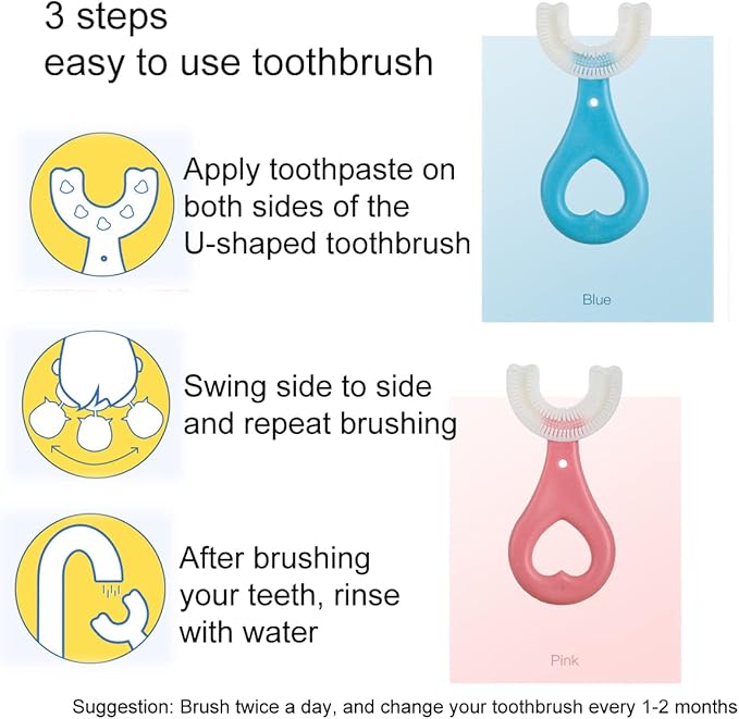2 Pcs U-Shaped Kids Toothbrush, Premium Soft Manual Training Toothbrush for Kids 2-6 Years Old. (Blue+Pink)