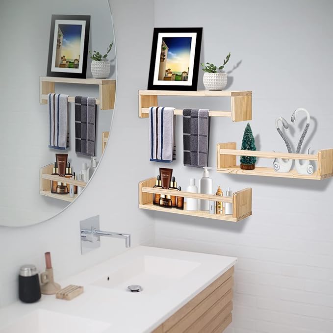 AZSKY Nursery Book Shelves 24 Inch Rustic Natural Wood Floating Shelves,Wall Book Shelves for Farmhouse,Bathroom Décor,Kitchen Spice Rack or Book Shelf Organizer for Home Décor,a Set of 3 Same Sizes