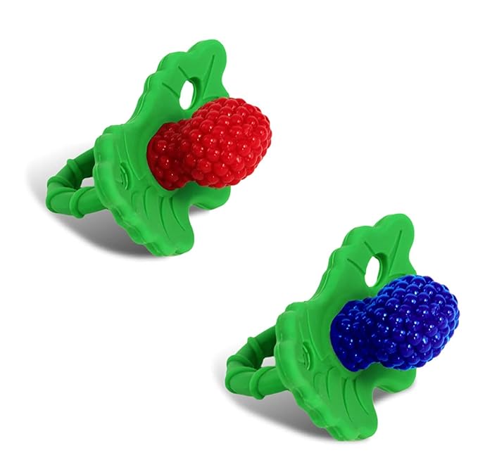 RaZbaby RaZberry Silicone Teether Pacifier – Teething Relief for Infants, Food-Grade, BPA-Free, Hands-Free, Natural Berrybumps Fruit Texture for Sensory Development, Freezable, 2-Pack - Red & Blue