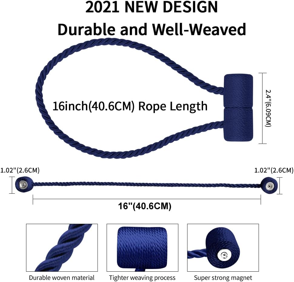 18 Inch Strong Magnetic Curtain Tiebacks, Curtain Holdbacks Modern Upgrade Strong 2021 New Twisted Style Decorative Drapery Rope Tie Backs(4 Pack Navy Blue)