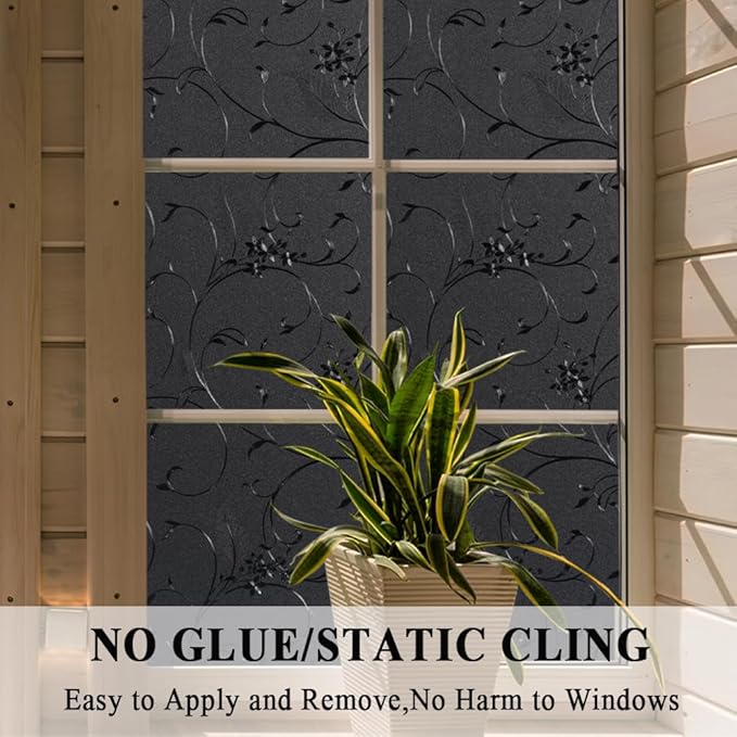 Mikomer Total Blackout Window Film,100% Light Blocking Privacy Glass Door Film Etched Flowers,Room Darkening Window Cling,No Glue/Heat Control/Anti UV for Day Sleep & High Privacy,35In. by 118In.