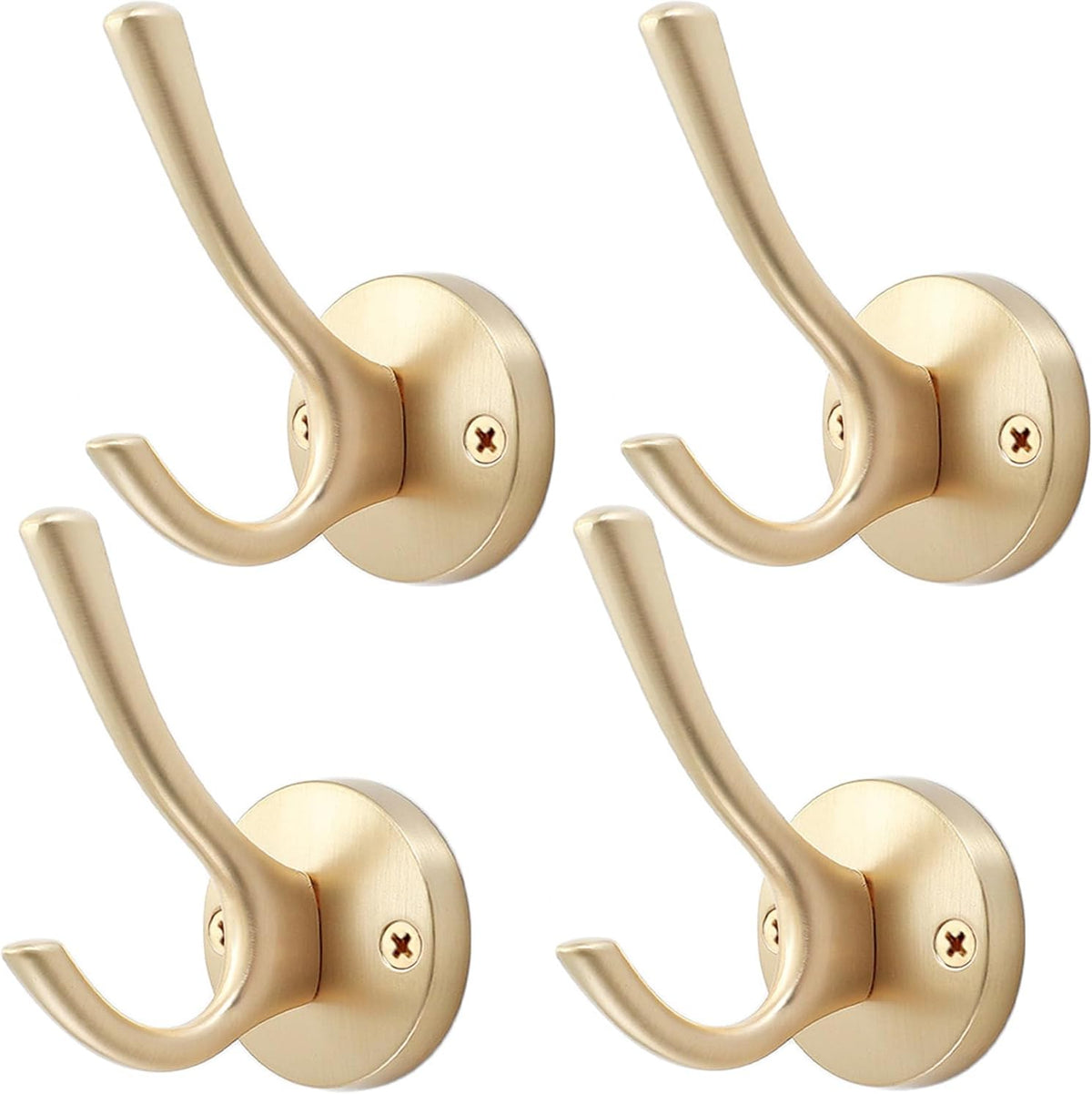 Gold Hat and Coat Hooks, 4 Pack Heavy Duty Coat Robe Hook, Metal Double Backpack Hook Wall Mounted, Towel Hooks for Bathroom Entryway Cubicle Closet Garage