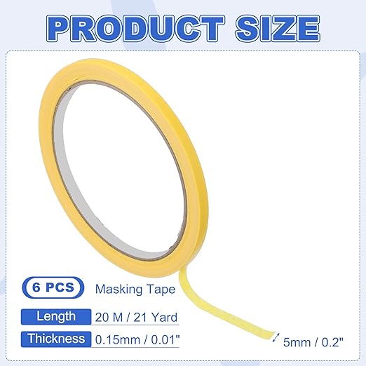 MECCANIXITY Masking Tape 0.2 Inch x 21 Yard Painter's Tape Yellow Paint Tapes for DIY Crafts Arts Drawing Decoration Labeling Car Painting Artist Teachers, Pack of 6