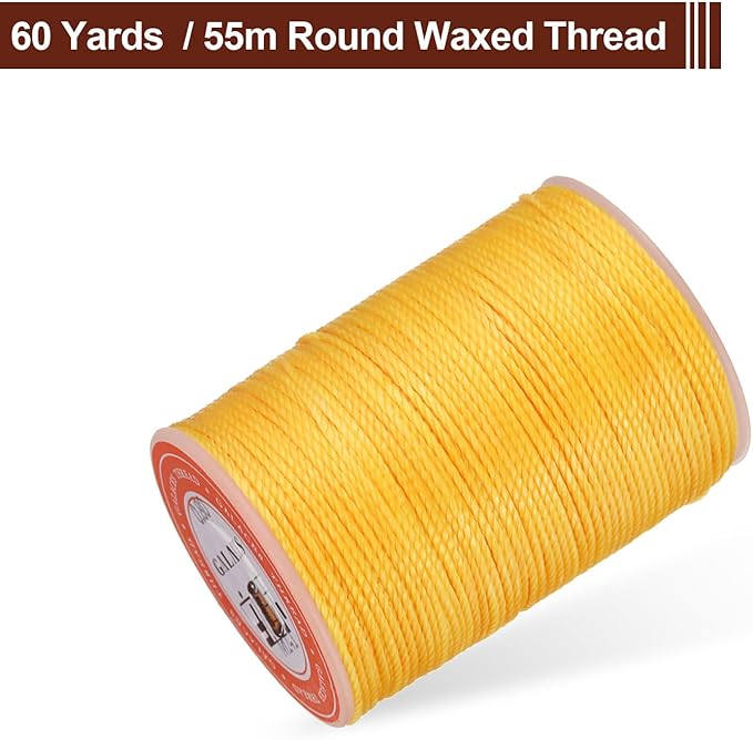 uxcell Round Leather Sewing Waxed Thread, 55m / 60 Yards Wax Polyester String, 0.8mm Waxed Stitching Cord for Leather Crafts, Bookbinding, Bracelets Braided, Yellow