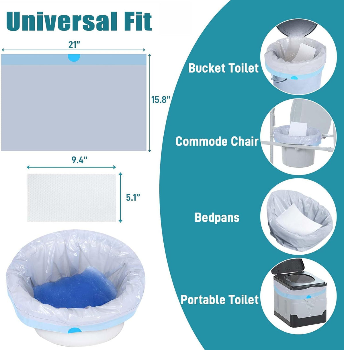 Commode Liners with Absorbent Pads- 50 Commode Bags+ 50 Commode Pads, Extra Thicken Commode Toilet Liners Universal Fit Bedside Commode, Portable Toilet, Chair Bucket, Bedpan
