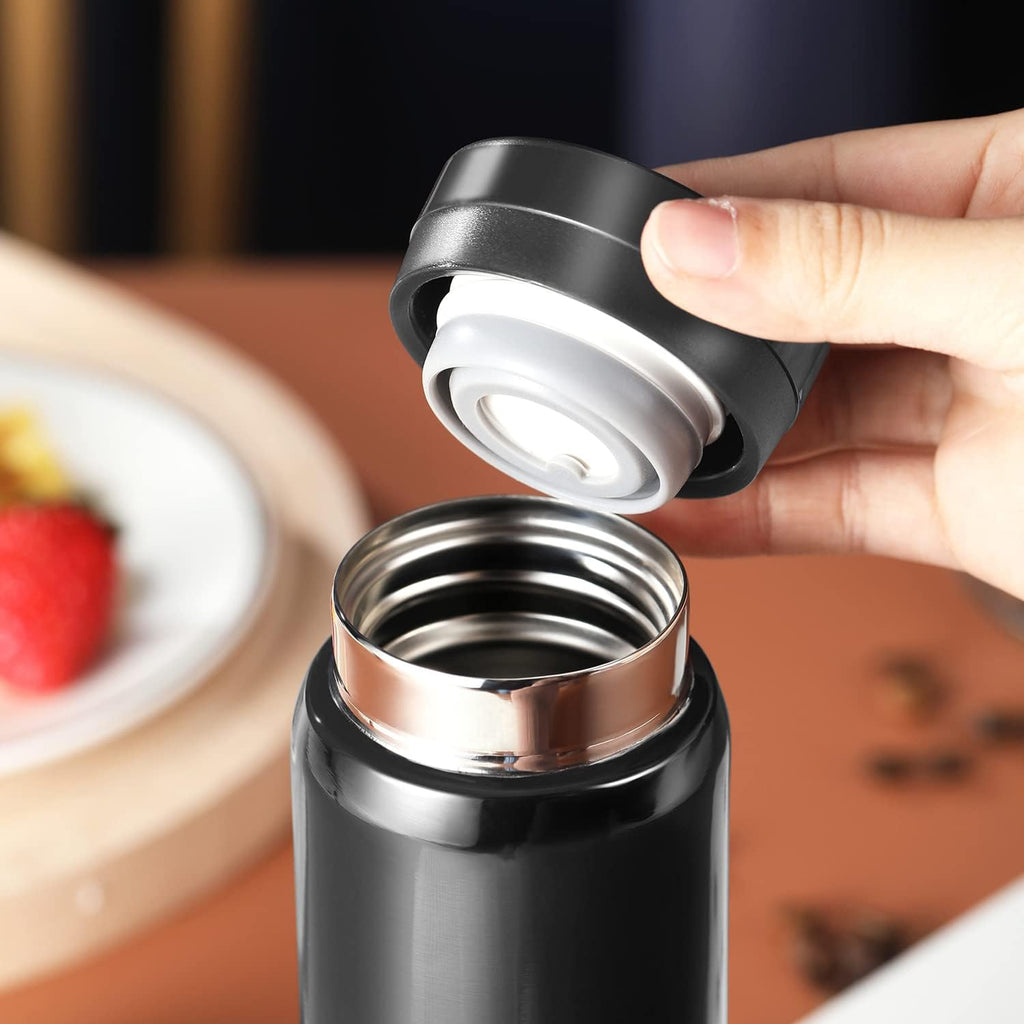 Mini Thermos Cute Water Bottle - 7 oz Tiny Insulated Vacuum 18/10 Stainless Steel Small Flask - Leak Proof & Spill Proof & Keeps Cold and Hot for Drink, Coffee, Tea - Black