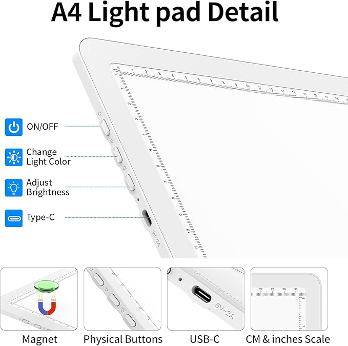 TOHETO A4 Light Board with Bag for Diamond Painting, Super Bright Magnetic Light Pad with Side Buttons, Lightbox for Tracing and Drawing, Corded Light Table for Sketching, Weeding Vinyl (White)