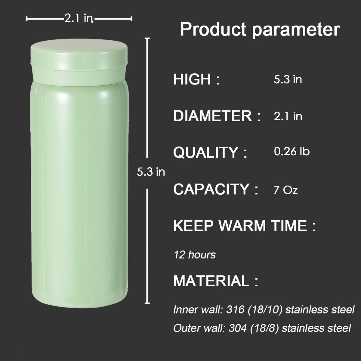 Mini Thermos Cute Water Bottle - 7 oz Tiny Insulated Vacuum 18/10 Stainless Steel Small Flask - Leak Proof & Spill Proof & Keeps Cold and Hot for Drink, Coffee, Tea - Light Green