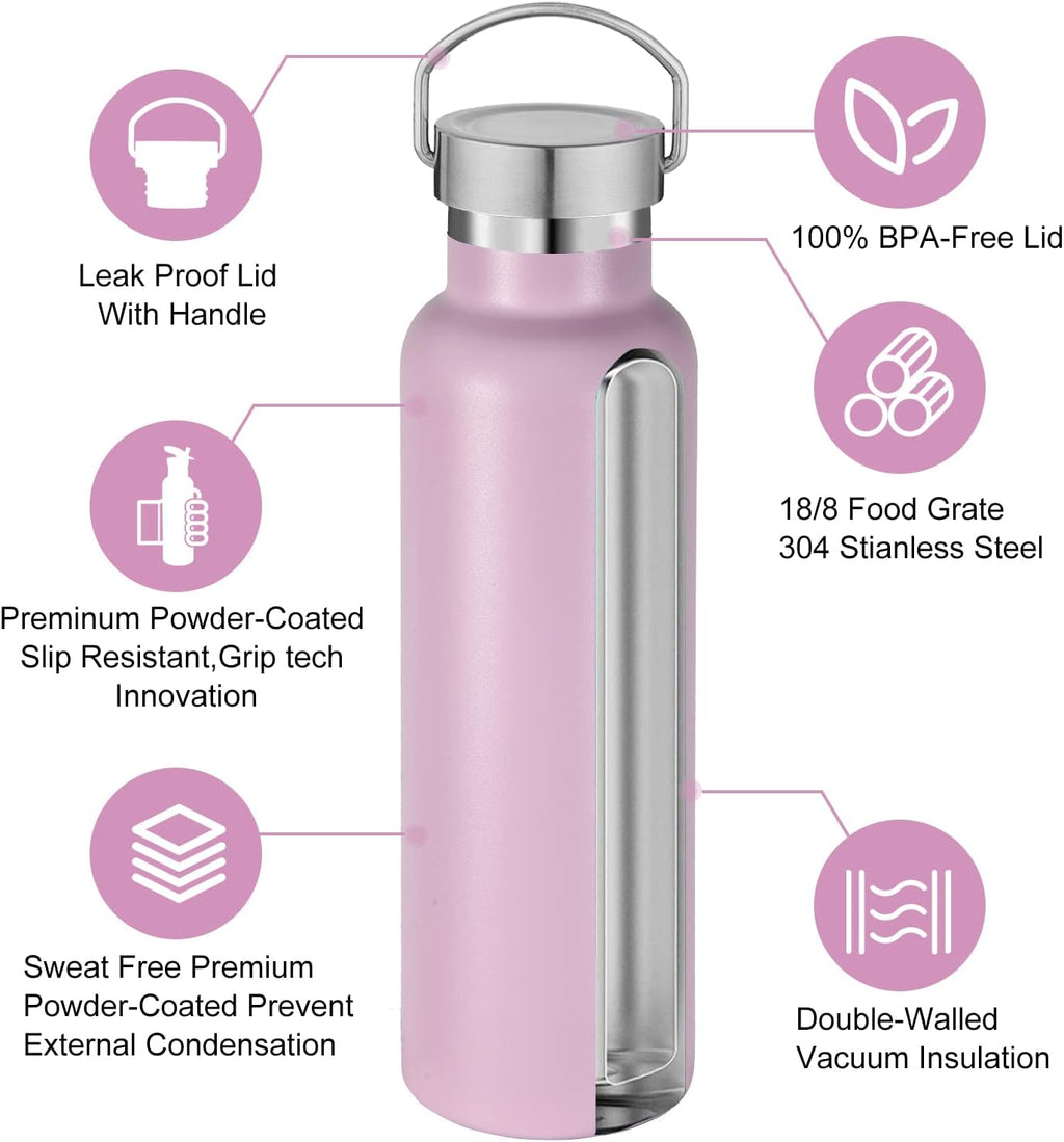 Neihepal 20 oz Insulated Water Bottles Bulk 4 Pack,Stainless Steel Double Wall Sport Bottle with Lid of Handle,Metal Reusable Thermoses Flask with Cup Cap for School,Hikers,Gift (Pink,Set of 4)