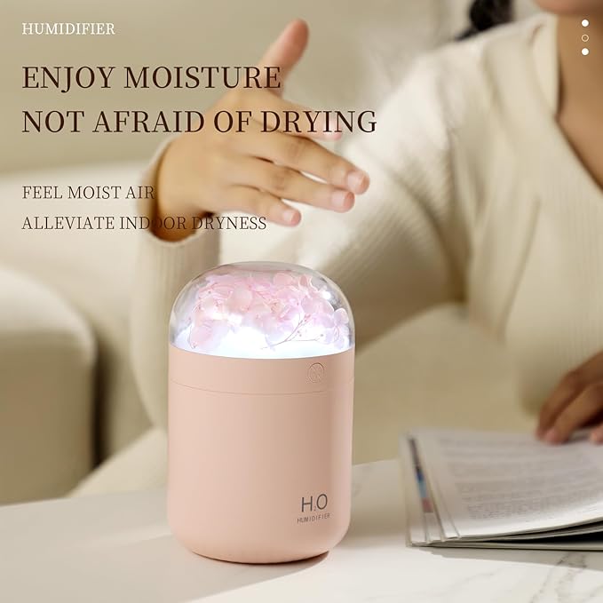 Portable Small Hydrangea Humidifiers for Bedroom Baby, Mini Cool Mist Plant Humidifier for Plants, Quiet Desktop Humidifier with 2 Working Modes & Colorful Night Light for Travel, Office, Bedroom