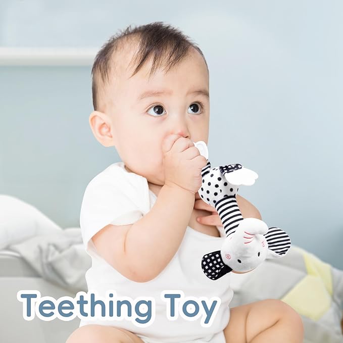 Black & White Elephant Baby Toys 0-12 Months - Plush Sensory Rattle with Teether, Wind Chime, BB Squeaker & Embroidery for Visual, Hearing & Cognitive Development