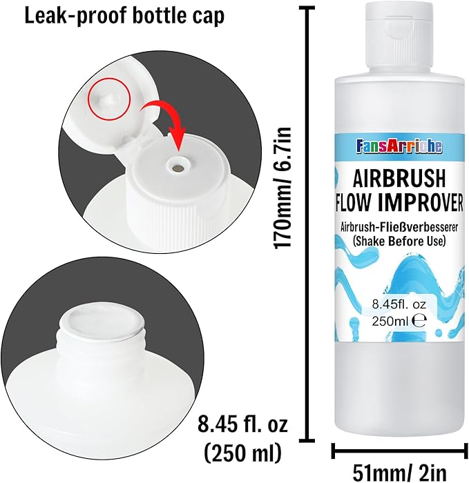 FansArriche Airbrush Flow Improver, 250 ml (8.45 oz) Bottle for Acrylic Airbrush Paints, Reduce Clogs and Improve Acrylic Paint Flows