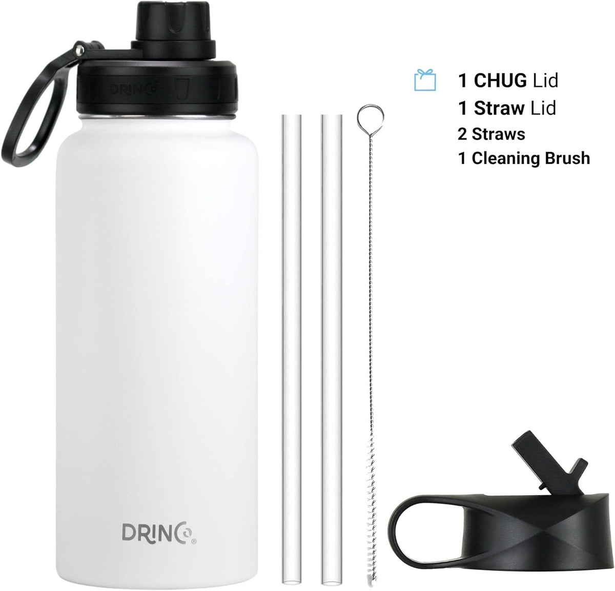 DRINCO Stainless Steel Water Bottle Spout Lid Vacuum Insulated Double Wall Water Bottle Wide Mouth (40oz 32oz 22oz 18oz 14oz) Leak Proof Keeps Cold or Hot (32 oz, 32oz Artic White)