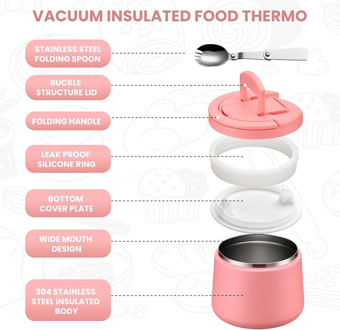 Soup Thermo for Hot Food Kids 14oz Lunch Containers with Buckle Lid Wide Mouth Hot Food Jar Vacuum Insulated Stainless Steel Bento Box Leakproof with Spoon (Dark Pink)