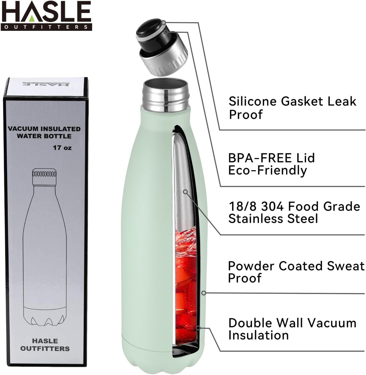 HASLE OUTFITTERS 17oz Stainless Steel Water Bottles Bulk, Vacuum Insulated Water Bottles Double Walled Powder Coated Reusable Metal Sports Water Bottles Keep Drinks Hot and Cold, Light Green, 4Packs