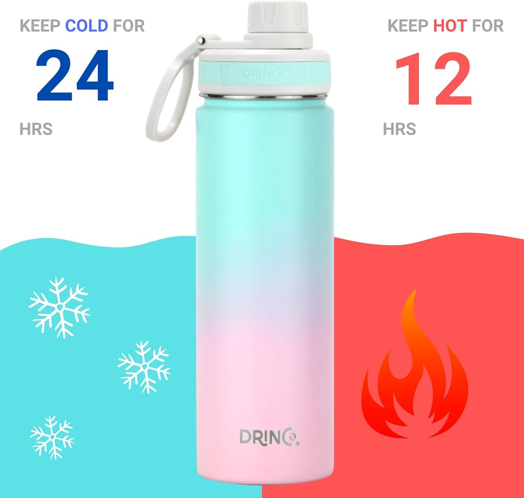 DRINCO Stainless Steel Water Bottle Spout Lid Vacuum Insulated Double Wall Water Bottle Wide Mouth (40oz 32oz 22oz 18oz 14oz) Leak Proof Keeps Cold or Hot (22 oz, 22oz Macaron)