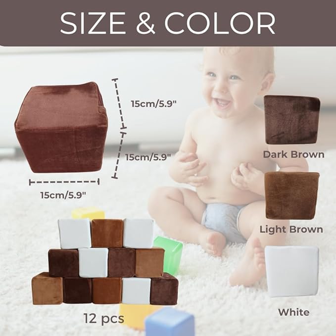 Wonder Space Plush Foam Blocks - Nursery Building & Stacking Toys for Toddlers Boys & Girls, Soft Smooth Velvet Cover, Early Education Gross Motor Skills & Brain Development (12 Blocks, Nougat)