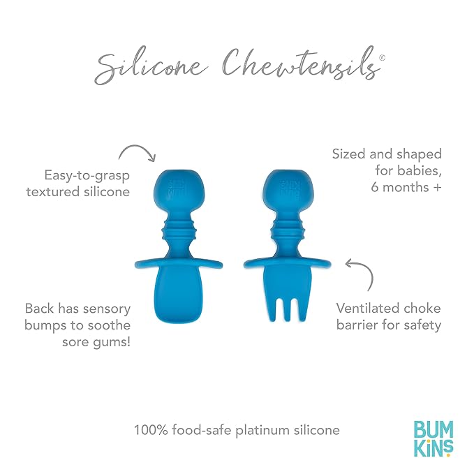 Bumkins Baby Utensils Set, Chewtensils Silicone Spoons for Dipping, Self-Feeding, Baby Led Weaning, Trainer Learning, First Stage Eating, Soft Practice Fork and Spoon, Babies 6 Months, Dark Blue