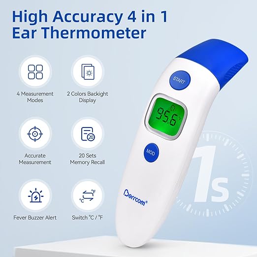 Berrcom 3 in 1 Forehead and Ear Thermometer Indoors Non-Contact Backlight Body Object Temperature Checking Sensor Touchless Digital Thermometer with Fever Alert
