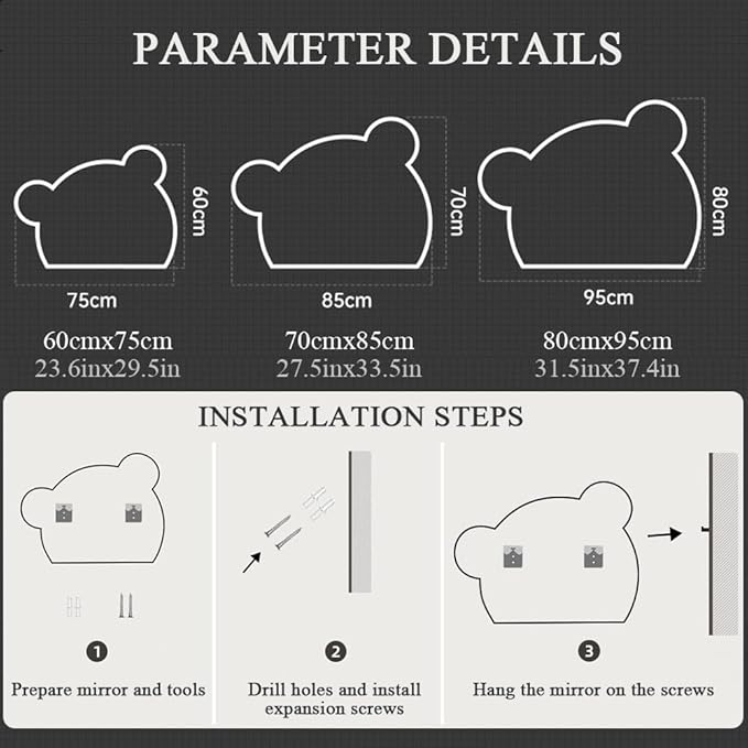 LTSRLL LED Vanity Mirror Cute Bear Decorative Mirror for Bathroom & Dressing Tabler Backlight Wall Mirror with 3 Color Dimmable Light Demister Pad Human Body Sensor Switch(Cut Down,70cmx85cm)