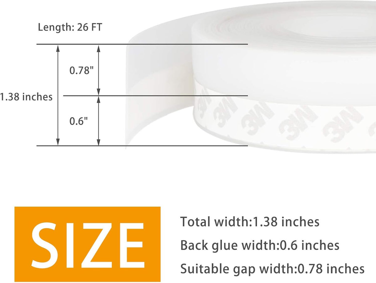 Door Weather Stripping Doors Seal Strip, 26 FT Silicone Sealing Tape for Door Draft Stopper Adhesive for Doors, Windows and Shower Glass Gaps (Transparent, 35mm)
