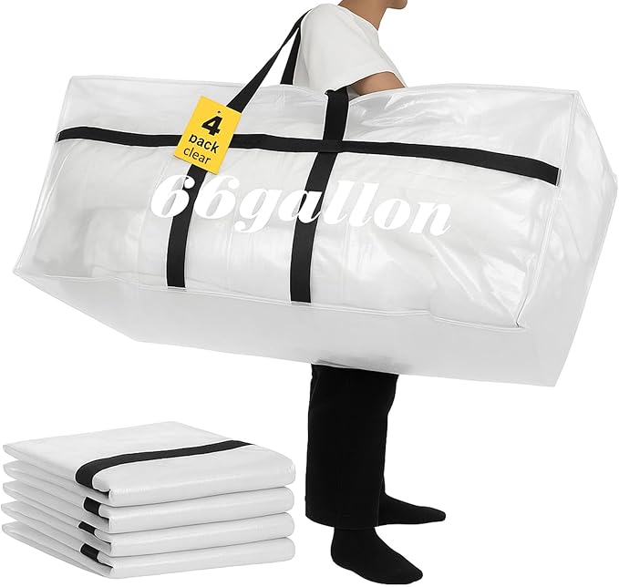 4 Pcs 66 Gallon Large Moving Bags with Zipper and Handles Foldable Storage Duffle Bags Heavy Duty Extra Large Totes for College Dorm Travel Clothes Blankets Bedding Moving (Clear)