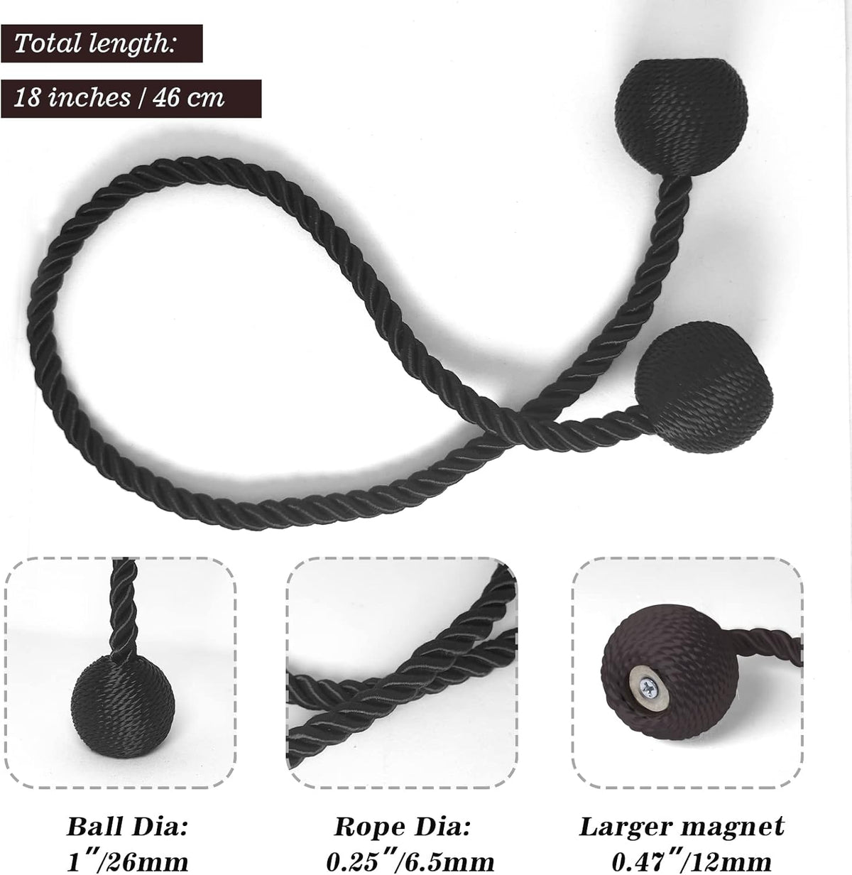 Hion Magnetic Curtain Tiebacks Black 2pcs, Curtain Tiebacks Buckles Holdbacks Holders Hooks Clip for Home Outdoor Bedroom Office Decorative Curtain