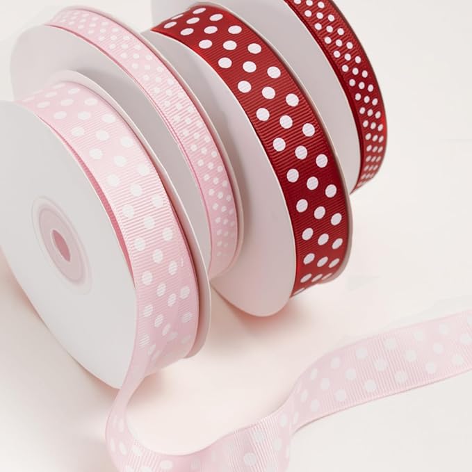 Polka Dot Grosgrain Ribbon 3/8 Inch, 25 Yards Spool Red and White Dot Craft Ribbon for Christmas Gift Wrapping DIY Crafts Hair Bows Wedding Party Decor Sewing and Home Decoration