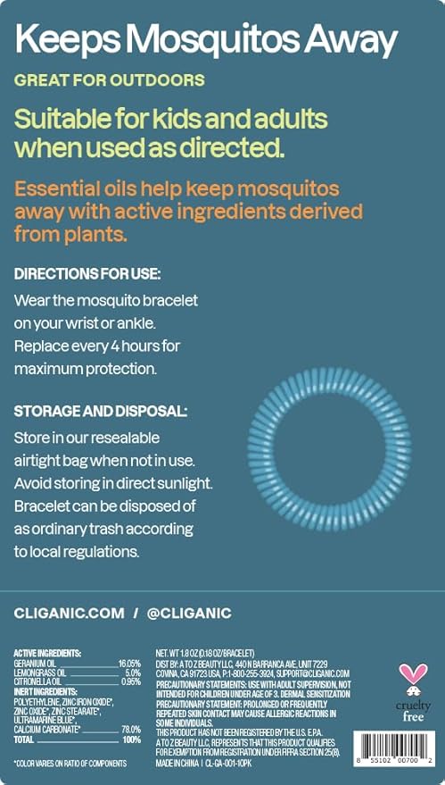 Cliganic 10 Pack Mosquito Repellent Bracelets for Adults & Kids - Natural DEET-Free Bands, Individually Wrapped