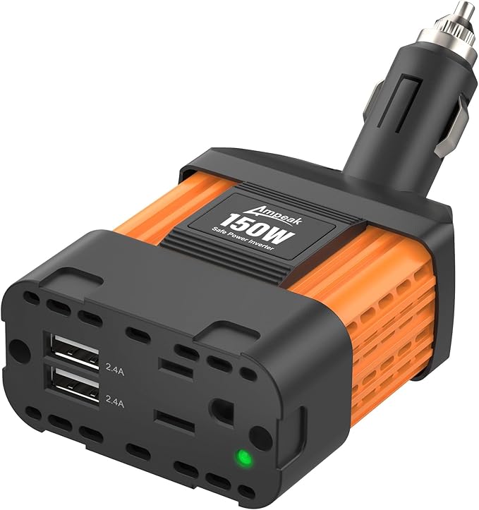 Ampeak 150W Car Power Inverter 12V DC to 120V AC Converter Plug in Adapter with 4.8A Dual USB Ports AC Outlet 11 Safe Protections Cigarette Lighter Adapter Car Laptop Phone Charger for Vehicles