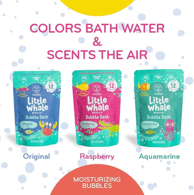 Mobi Little Whale Bubble Bath, Tropical Fruity Raspberry Scent Kids Body Wash, Gentle Moisturizing Tub Foam for All Skin Type, GMO-Free, Stain-Free, Fun Pink Color, 8 fl oz