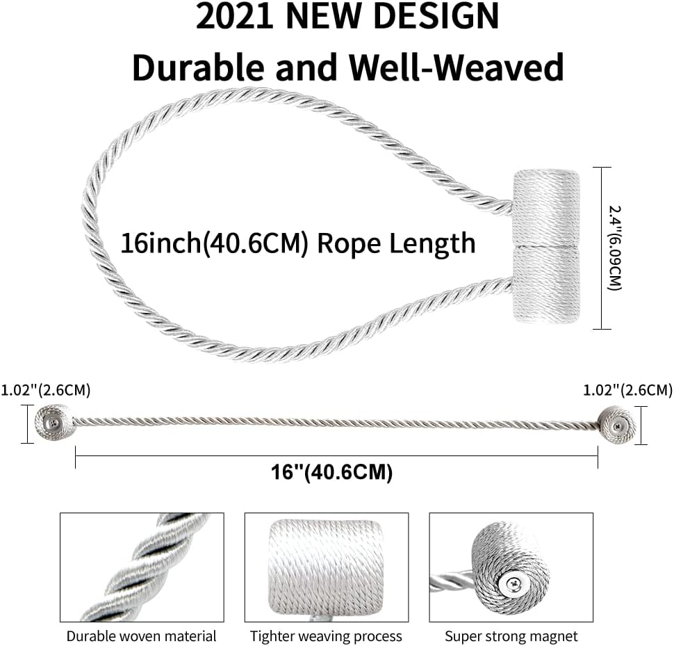 18 Inch Strong Magnetic Curtain Tiebacks, Curtain Holdbacks Modern Upgrade Strong 2021 New Twisted Style Decorative Drapery Rope Tie Backs(2 Pack White)