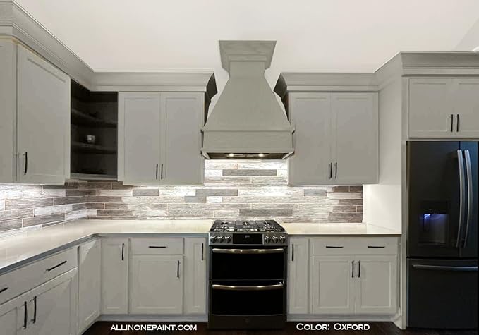 ALL-IN-ONE Paint, Durable cabinet and furniture paint. Built in primer and top coat, no sanding needed. Includes our 30 featured color card - Oxford (neutral gray), Quart