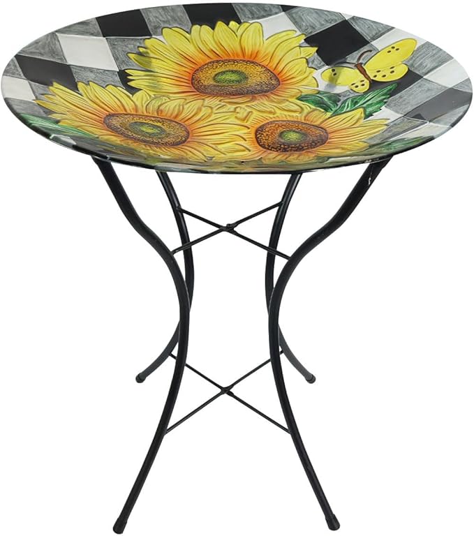 Briarwood Lane Checkered Sunflowers Summer Glass Birdbath