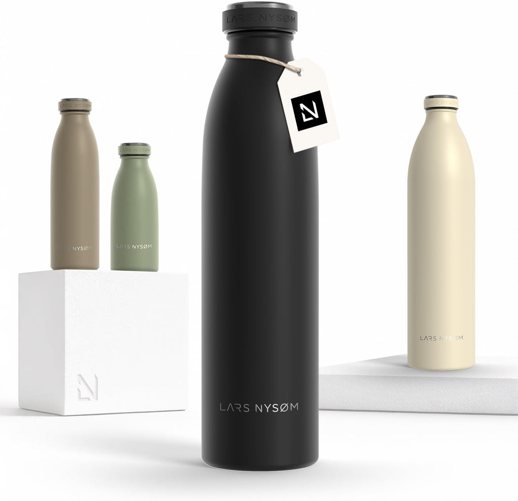 LARS NYSØM Stainless Steel Insulated Water Bottle 12oz 17oz 25oz 34oz 51oz | Insulated Thermo Flask for Hot and Cold Beverages | Leakproof Drinking Bottle (Carbon Black, 25.4oz)