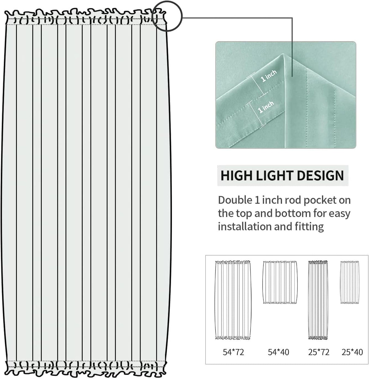 DWCN French Door Curtains – Rod Pocket Thermal Blackout Curtain for Doors with Glass Window, Kitchen and Patio Doors for Privacy, 25 X 72 Inches Long, 1 Curtain Panel with Tieback, Mint Green