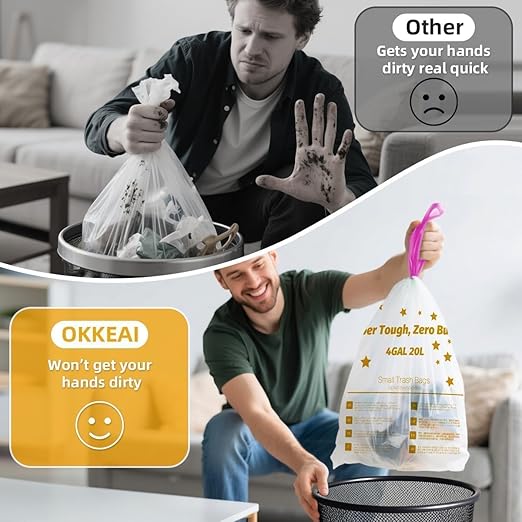 OKKEAI 4 Gallon Small Tear-Free Drawstring Trash Bags, White Bathroom Garbage Bags 60 Count – Heavy Duty Leak-Proof Wastebasket Liners with Safety Warning for Bathroom, Kitchen, Bedroom, Office