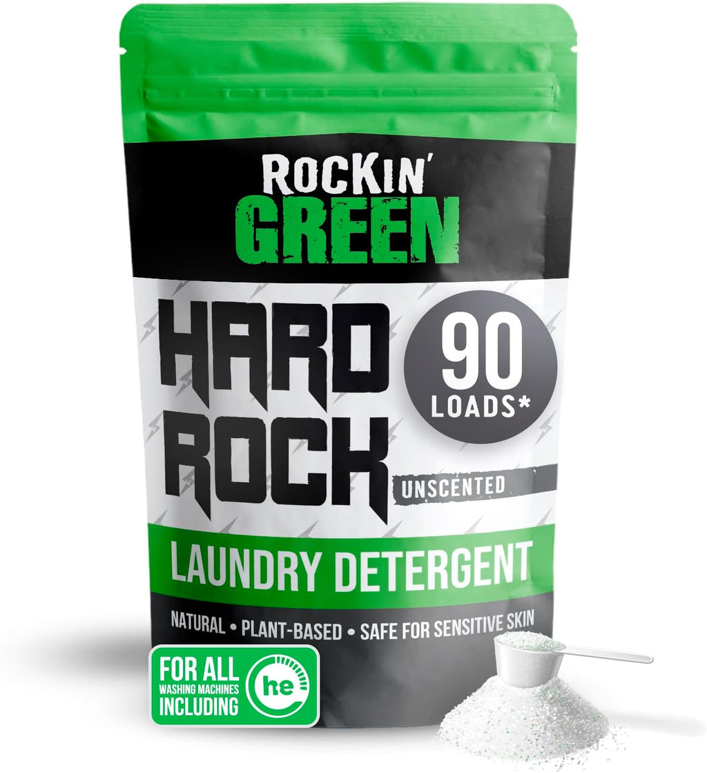 Rockin' Green Hard Rock Laundry Detergent for Hard Water (90 Loads), Plant based, Natural Laundry Detergent Powder, Biodegradable Odor Fighter, Safe for Sensitive Skin, 45 oz (Unscented)
