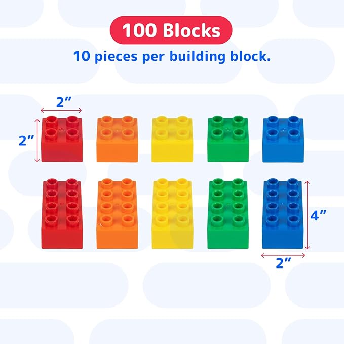 PREXTEX 100-Piece Building Blocks Set for Toddlers - Jumbo Toy Blocks in 5 Colors for Kids 18 Months and Up, Encourages Creativity, Motor Skills, and Early Learning