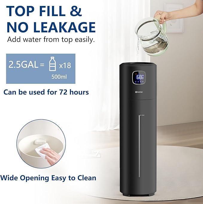 Large Humidifiers for Bedroom, 9L/2.5Gal Ultrasonic Cool Mist, Easy Clean with 350ML/H Large Mist Speed, Quiet Tower, Suitable for Kids Room Plant Yoga (Black)